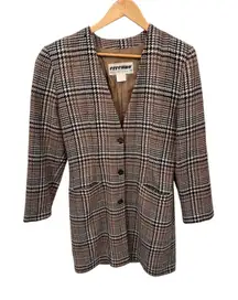 Vintage 80s Erreuno Long Blazer Jacket Womens 42 Brown Plaid Wool‎ Lined Pockets