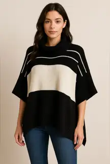 Aqua Black White Striped Poncho Sweater XS | Nautical Preppy Coastal Boho Cowl