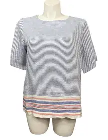 L.L. Bean Linen Stripe Button Back Top Blue Red White Women’s Large