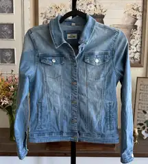 Light Wash Denim Jacket Stretch Button Front Small Skinny Fries