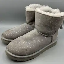 UGG Mini Bailey Bow Gray Sparkle Shearling‎ Bow Boot 6 Womens Winter Suede