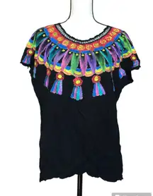 Vintage 90s T Jehnsen Inc Black Hand Painted Mexican Style Top Sequins Rainbow L