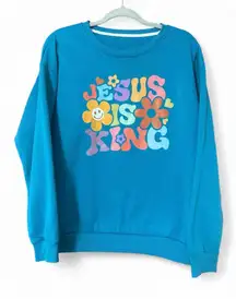 Retro “Jesus Is King” Sweatshirt – Large – Y2K Pastel Graphic Crewneck