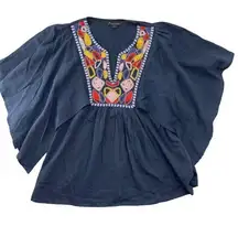 Forever 21 Vintage  Top Womens Small Embroidered Boho Poncho Style Navy Blue