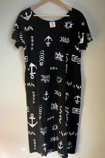 Exist Black Maxi Shift Dress 1X Nautical Coastal Grandma Fisherman Granola Hippy