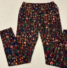 OS One Size Leggings Colorful Abstract Print Navy Blue Orange Pink