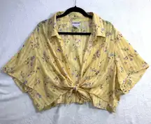 Vintage Fashion Bug 2X Yellow Floral Tie Front Crop Top Cottagecore Boho Retro