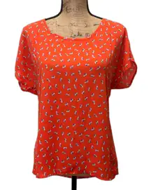 Pleione Red Orange Blouse Retro High Heel Kitsch Novelty Print Feminine Size‎ XS