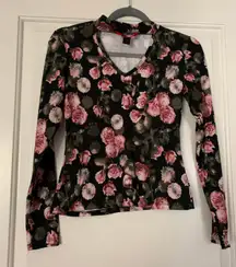 V Cut Out Floral Long Sleeve Shirt