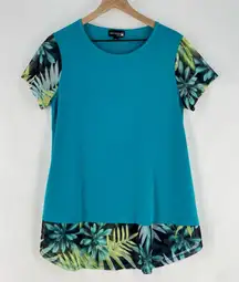 Antthony Teal Stretchy Liquid Knit Floral Leaf Print Mesh Sleeves‎ Hem Tunic