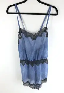 Savage X Fenty Romper Lingerie Sheer Lace Trim Blue Black Open Back Size L