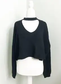 Olivaceous Choker Neck Oversized Cropped Cable Knit Sweater Black