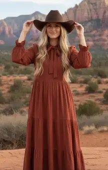 Medium Half Sleeve Tie Around Neck Ruffle Natural Maxi Dress