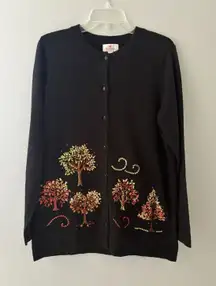 Quacker Factory Cardigan Sweater Size M Black Fall Leaves Embroidered Sequin