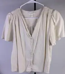 Treasure Bond Women's Cream Textured V-Neck Button Front Short Sleeve Blouse SM