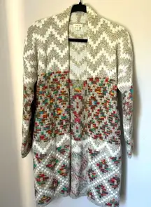 Debut Aztec Longline Open Front Cardigan Women's Sz XS Grey & Multicolor Soft