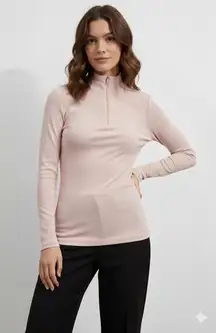 Vince Ribbed Mock Neck Zip Long Sleeve Top Women Size L Pink