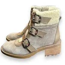 Vince Camuto Klerica Leather and Faux Fur Moto/Hiker Boot Taupe Size 7M