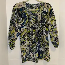 BANANA REPUBLIC SILK BLOUSE BLUE CHARTREUSE GREEN FLORAL DESIGN OVERSIZED MED