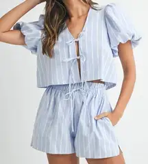 Mable NWT Small Blue Gingham Arleth Stripe Blouse And Shorts Set Puff Sleeve Tie
