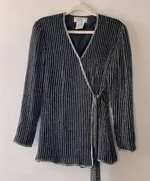 Vintage 80s Evening Coat Jacket Size Small Silk Black Beaded Silver Mob-Wife