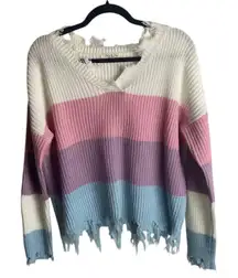 Jolie & Joy Size Large Distressed Striped Ribbed Knit Sweater Purple Blue Pink
