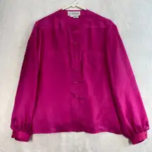 Carlisle Silk Blouse‎ Top Long Sleeve Button Front Pockets Magenta Size 10-flaw