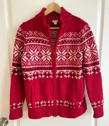 Vintage LL Bean 100% Lambs Wool Zip Up Fair Isle Nordic Sweater Red Sz M