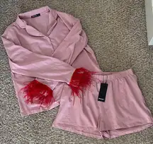 NWT Nasty Gal Soft Pink Cotton Blend Pajamas Set w/ Faux Feathers - Size 14