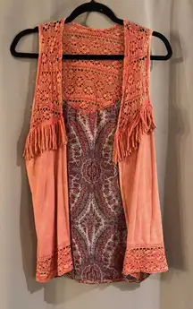 Coral  Vest with Fringe  Top