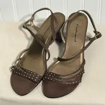 Unlisted Kenneth Cole Sandals Size 8 Bronze Brown Satin Rhinestone Strappy Heels