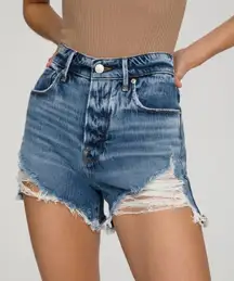 Good American Bombshell‎ Shorts Size 0/25 Denim Medium Wash Distressed High Rise