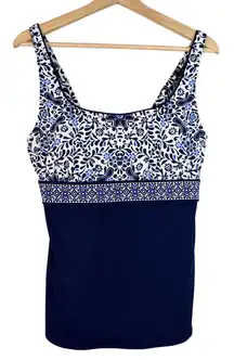 Lands End Navy Blue Floral Tankini Swim Top Women's Size 14 Vacation Beach