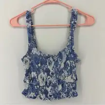 Olivaceous Floral Print Smocked Cropped Top Size M Blue White