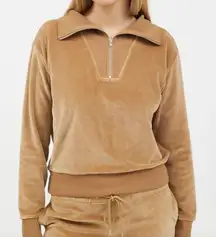 Nili Lotan Womens Jacket Small Camel Brown 1/4 Zip Collar Velour Sweater Track