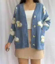 Women Blue Yellow Sheep Print Cardigan Sweater Size S Oversized Boxy Fit