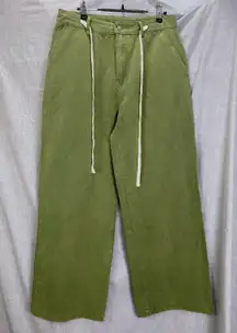 Gilli Green 100% Cotton Wide Leg Pants Drawstring Waist Crisp Textured Casual