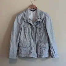 Talbots Blue and White Pinstripe Zip Up Buttons Denim Jean Jacket Coat Size 4