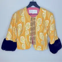 Trina Turk  Gold Brocade Jacket With Faux Fur Cuffs Size 4