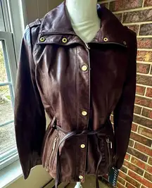 Bernardo Rich Brown Leather Jacket with Belt Gold Hardware Boho Chic Edgy Moto