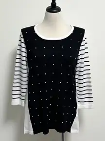 White House Black Market Stripe 3/4 Sleeve Faux Pearls Sliding Seams Top *DEFECT