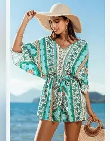 Beautiful aqua green and white boho print summer romper size medium
