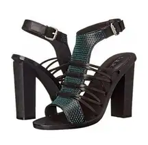 L.A.M.B. Bedford Women's Strappy Leather Sandal Black Green Size 8 High Heel