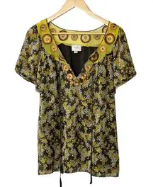 Eci Brown & Yellow Lined Tunic Top with Tassel Strings Women's Sz 10