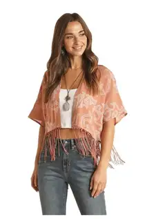 Rock & Roll Cowgirl Boot Stitch Print With Fringe Kimono B5K3055, Sz M