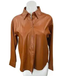 NEW Zara Brown Faux Vegan Leather Long Sleeve Button Down Shirt Jacket Top XS