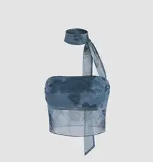 Sky Blue Floral Halter Sheer Tube Crop Top – Medium 