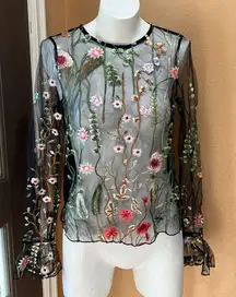 Vera & Lucy black floral sheer long sleeve blouse nwt