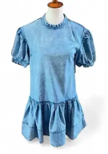 Tanya Taylor Puff Sleeve Acid Wash Denim Mini Dress Size 4 80s Pop Star Energy