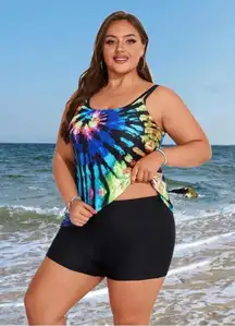 Hanna Nikole 2 Piece Swimsuit Tankini Beach Lined Tum Control Tie Dye 24W NWT‎